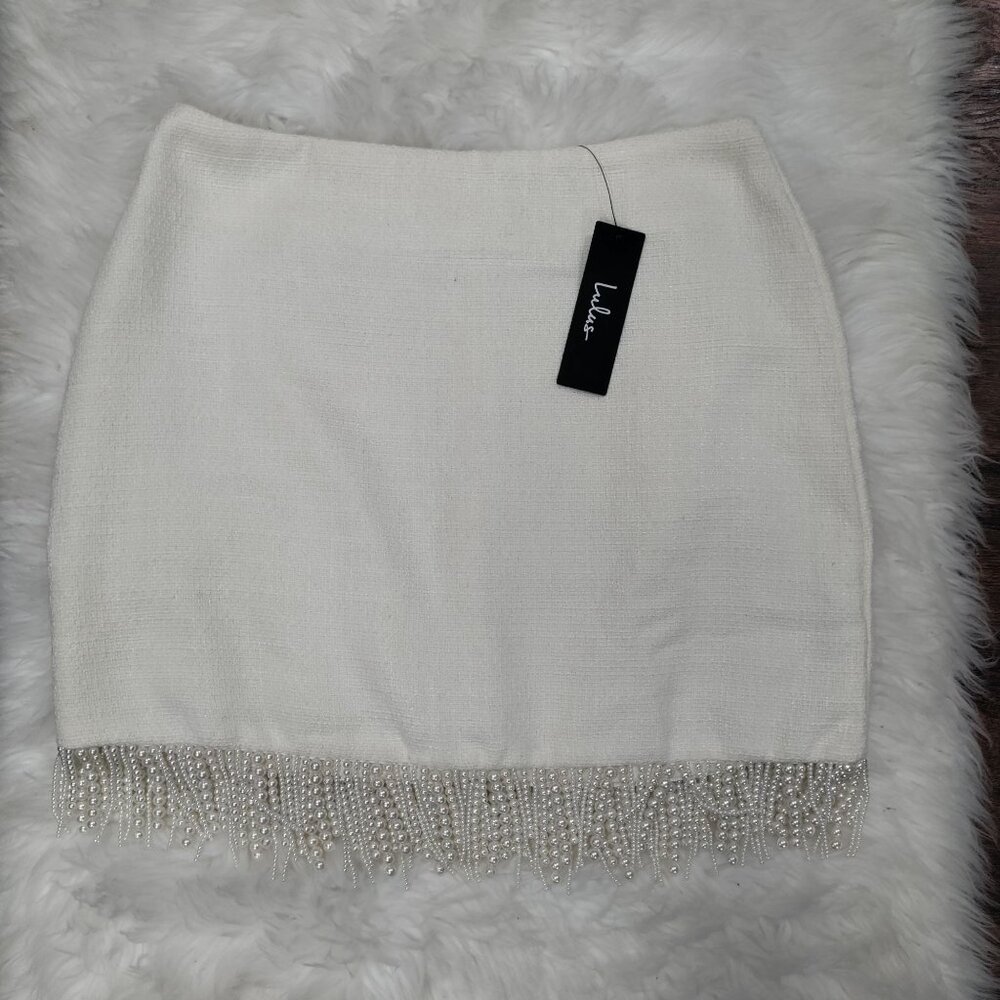 Lulus Boho Sweetly Elite Ivory Tweed Pearl Fringe High-Rise Mini Skirt M, NWT - Picture 2 of 11